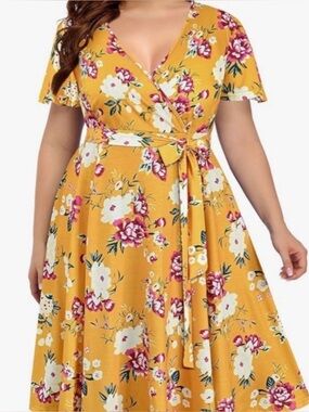 Plus Size Wrap V Neck Long Midi Casual Short Flutter Sleeve Dress Yellow Floral.